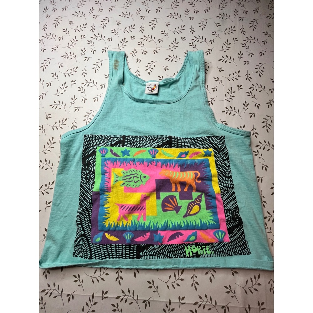 Vintage 1988 Hobie Surf Tank Top Turquoise Graphic Print Mens Large 80s Retro